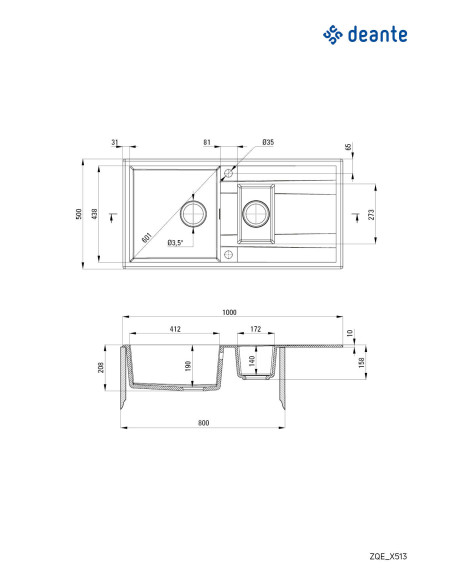 Deante Eridan granīta izlietne, 1,5 bļoda ar drenāžu ZQE_G513