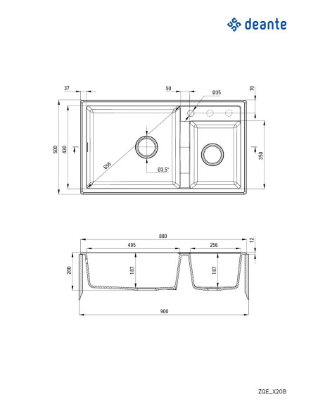 Deante Eridan Granīta izlietne, 2-bļodas ZQE_G20B