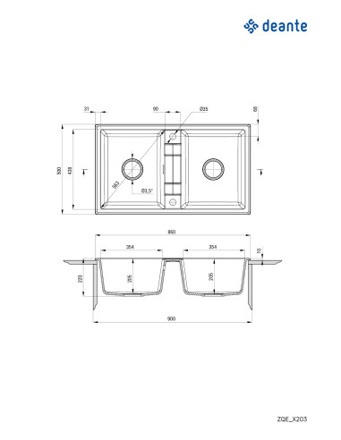 Deante Eridan Granīta izlietne, 2-bļodas ZQE_S203