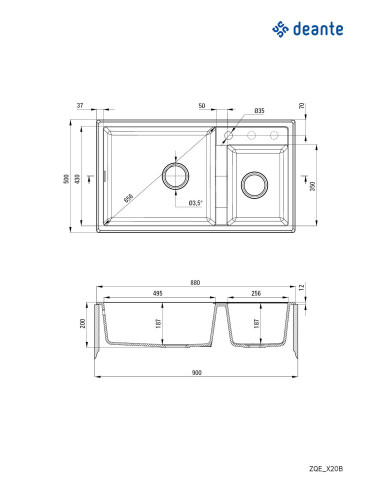 Deante Eridan Granīta izlietne, 2-bļodas ZQE_S20B