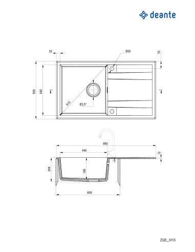 Deante Eridan Granīta izlietne, 1 bļoda ar noteku ZQE_T113