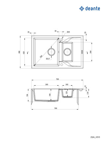 Deante Andante Granīta izlietne, 1,5 bļoda ar noteku ZQN_N513
