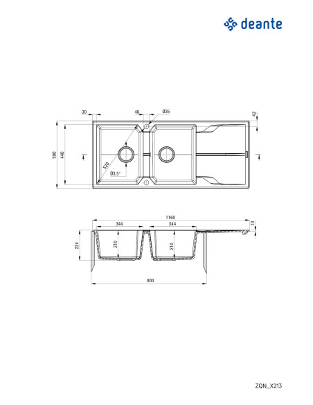 Deante Andante Granīta izlietne, 2-bļoda ar noteku ZQN_N213
