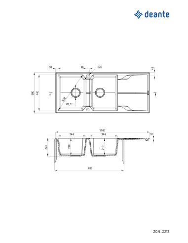 Deante Andante Granīta izlietne, 2-bļoda ar noteci ZQN_G213