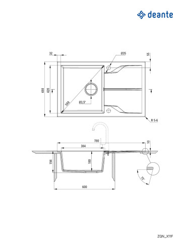 Deante Andante Flush granīta izlietne, 1 bļoda ar notecinātāju - iebūvējama ZQN_S11F