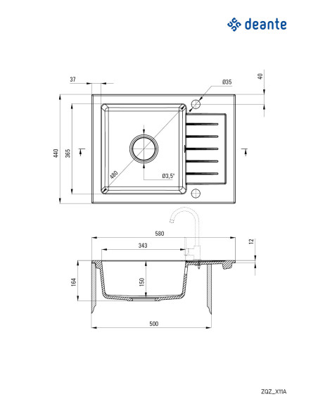 Deante Zorba Granīta izlietne, 1 bļoda ar noteku ZQZ_A11A