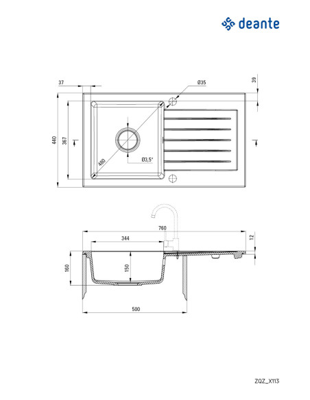 Deante Zorba Granīta izlietne, 1 bļoda ar noteku ZQZ_S113