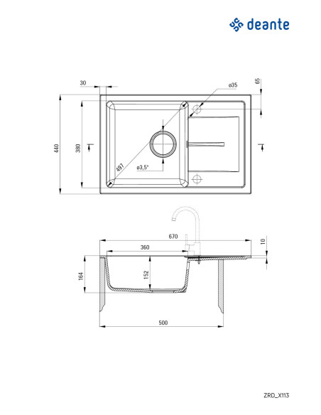 Deante Leda Granīta izlietne, 1-bļoda ar noteku ZRD_7113