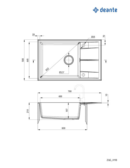 Deante Eridan Granīta izlietne, 1 bļoda ar noteku ZQE_S11B