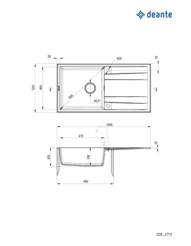 Deante Eridan granīta izlietne, 1 bļoda ar notecinājumu ZQE_G713