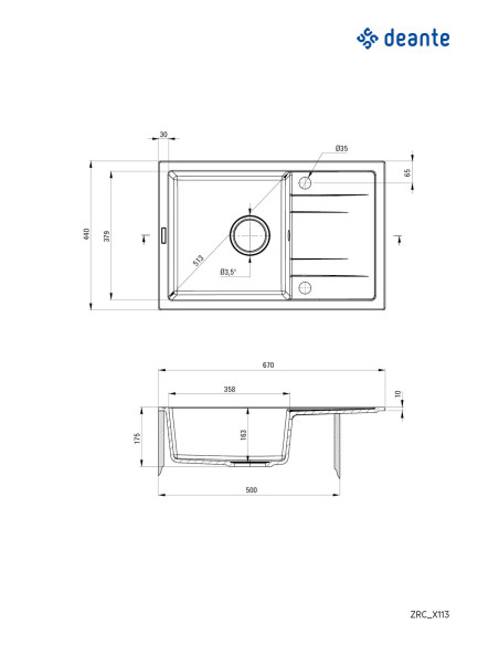 Deante Corio Granīta izlietne, 1-bļoda ar notekas sistēma ZRC_2113