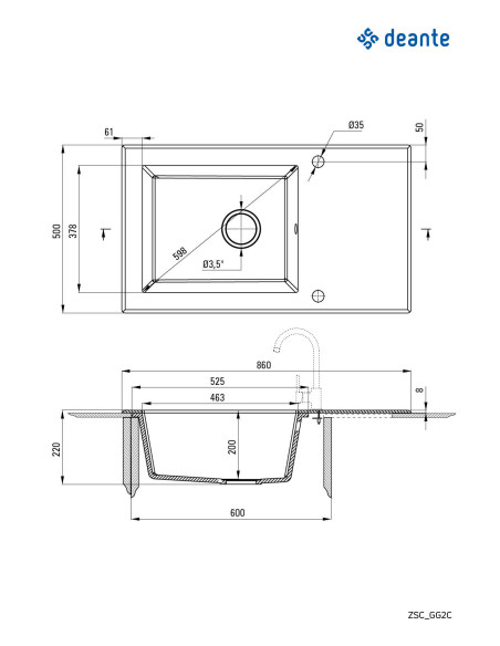 Deante Capella Precious Glass granīta izlietne, 1 bļoda ar notecinājumu ZSC_GP2C