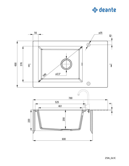 Deante Andante Glass stikla-granīta izlietne, 1 bļoda ar notecināšanas sistēmu ZSN_GL1C