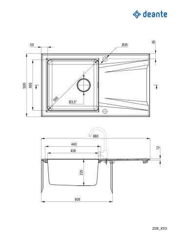 Deante Prime granīta-tērauda izlietne, 1 bļoda ar notecināšanas sistēmu ZSR_S113