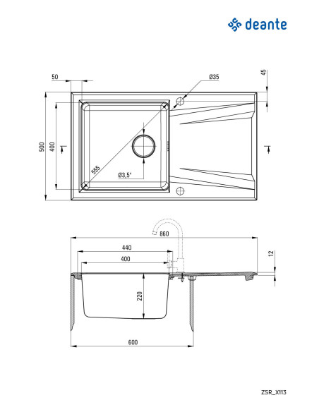 Deante Prime granīta-tērauda izlietne, 1 bļoda ar notecināšanas sistēmu ZSR_S113