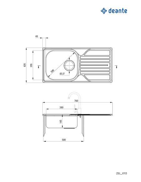Deante Legato Steel izlietne, 1 bļoda ar noteku - 3,5" notekas ZEL_3113
