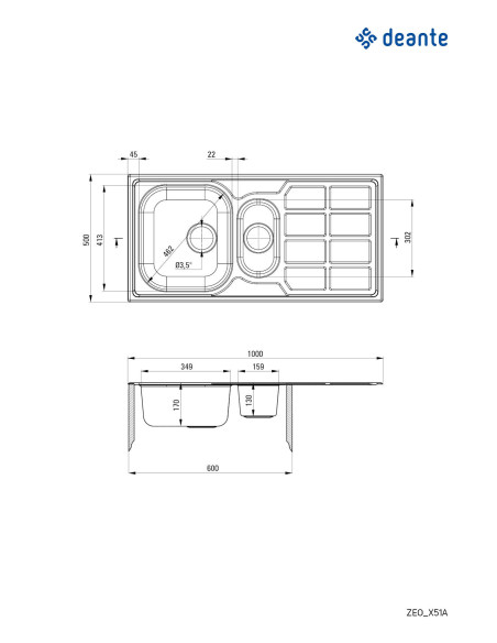 Deante Soul tērauda izlietne, 1,5 bļoda ar noteku ZEO_351A