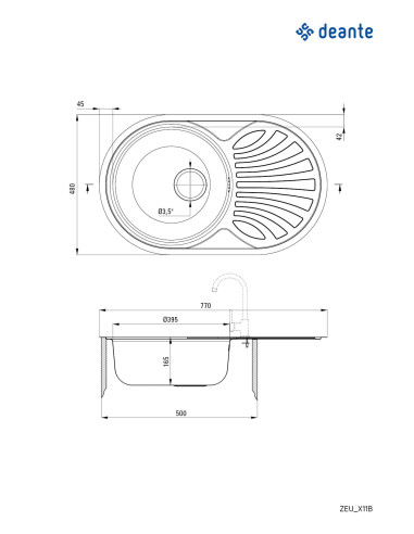 Deante Twist tērauda izlietne, 1 bļoda ar noteci ZEU_011B