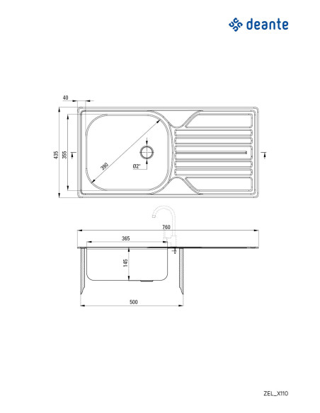 Deante Legato Steel izlietne, 1 bļoda ar noteku - 2" notekas ZEL_0110