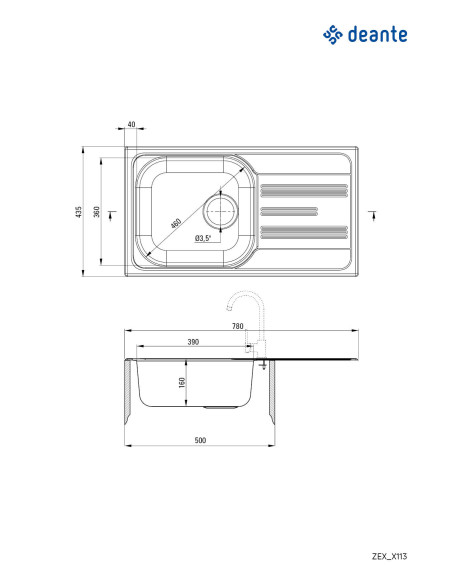 Deante Xylo tērauda izlietne, 1 bļoda ar notecinātāju ZEX_3113
