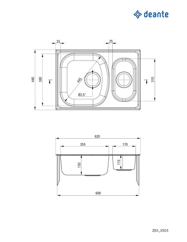 Pabeigta Xylo tērauda izlietne, 1,5 bļodas ZEX_3503