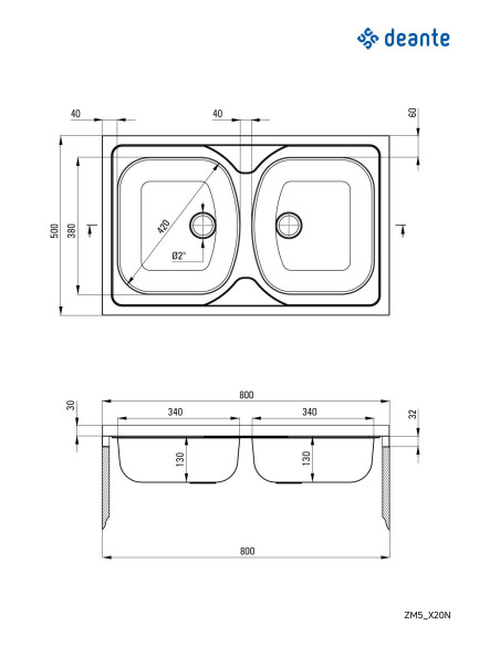 Deante Tango tērauda izlietne, 2 bļodas - uzliekama ZM5_020N