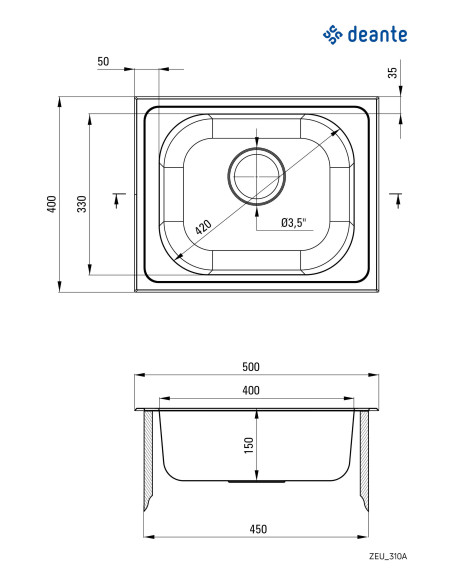 Deante Techno tērauda izlietne, 1 bļoda ZEU_310A