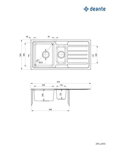 Deante Virgo tērauda izlietne, 1,5 bļodas ar notecinājumu ZPV_0513