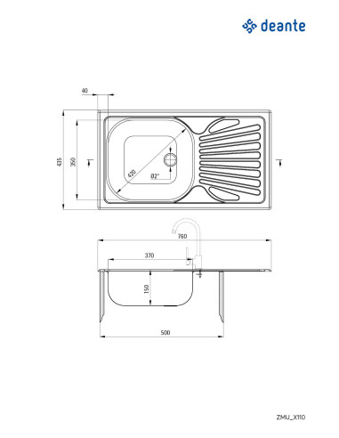 Deante Techno Steel izlietne, 1-bļoda ar noteci ZMU_3110