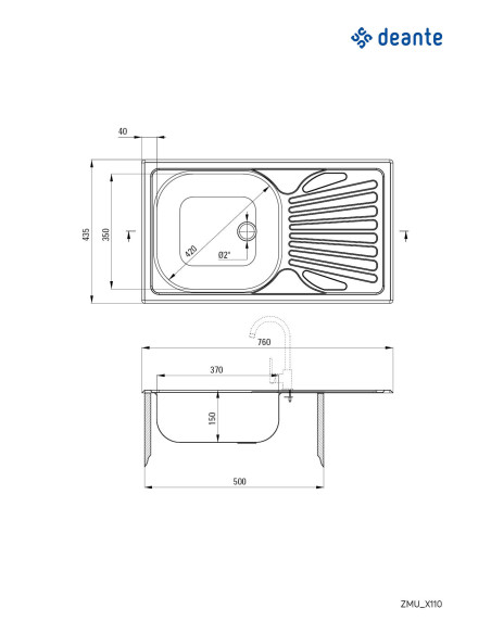 Deante Techno Steel izlietne, 1-bļoda ar noteci ZMU_3110 Deante Techno Steel izlietne, 1-bļoda ar noteci ZMU_3110