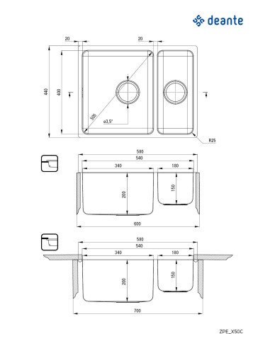 Deante Egeria Tērauda izlietne, 1,5 bļoda, zem stiprinājuma ZPE_050C