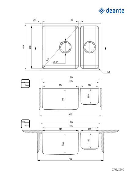 Deante Egeria Tērauda izlietne, 1,5 bļoda, zem stiprinājuma ZPE_050C