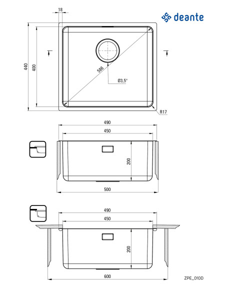 Deante Egeria tērauda izlietne, 1 bļoda ZPE_010D