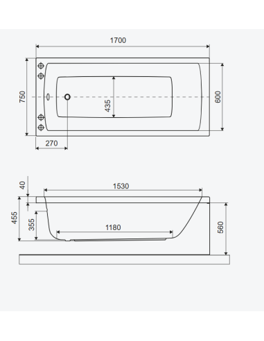 Taisnstūrveida vanna Aquaria 170x75 cm, spīdīgi balta - 4