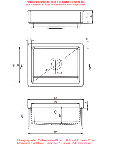 Deante Sabor Keraminė kriauklė, 1 dubuo, sodyba ZCB_610H - 3