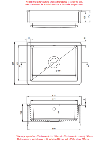 Deante Sabor Keraminė kriauklė, 1 dubuo, sodyba ZCB_610H - 3