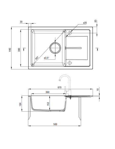 Deante Leda granīta izlietne, 1 bļoda ar notecinājumu ZRD_5113 - 4