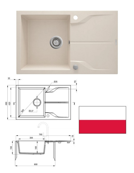 Kitchen sink granite beige 78x49x19.4cm, ANDANTE