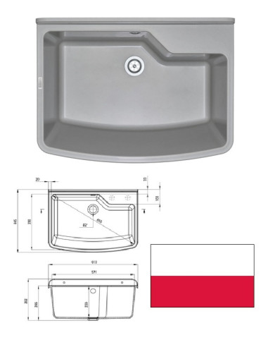 Izlietne saimn.ar stipr./sif.610x445x302, KOMORA|Economic sink metal with fasten.,syphon, KOMORA|Хозяйственная мойка с крепл.,си