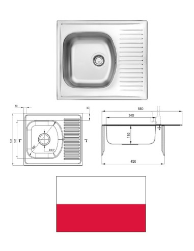 Virt.izlietne nerūs.tērauda 58x51x15cm, TECHNO|Kitchen sink stainless steel 58x51x15, TECHNO|Кухонная мойка нерж.сталь 58х51х15,