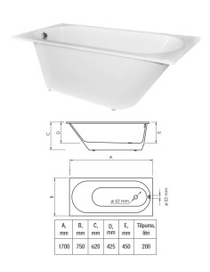 Ванна (каменная масса) 1700х750 белая, COMPACTINO