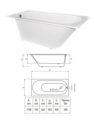 Vanna (lietā akmens) 1700X750, balta, COMPACTINO|Bathtub(cast stone) 1700x750 white, COMPACTINO|Ванна (каменная масса) 1700х750 