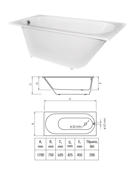 Ванна (каменная масса) 1700х750 белая, COMPACTINO