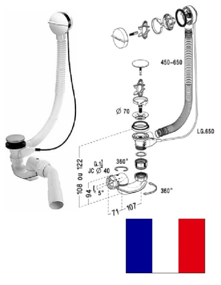 Syphon for bath, automated 11/2x40/50, 100CM