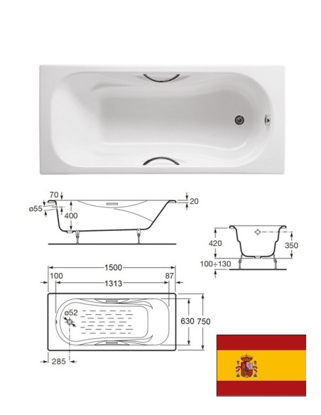 Vanna 1500x750mm, balta, čuguna, MALIBU|Bath 1500x750 mm, white, cast iron, MALIBU|Ванна 1500x750 мм, белая, чугун, MALIBU|Vann 