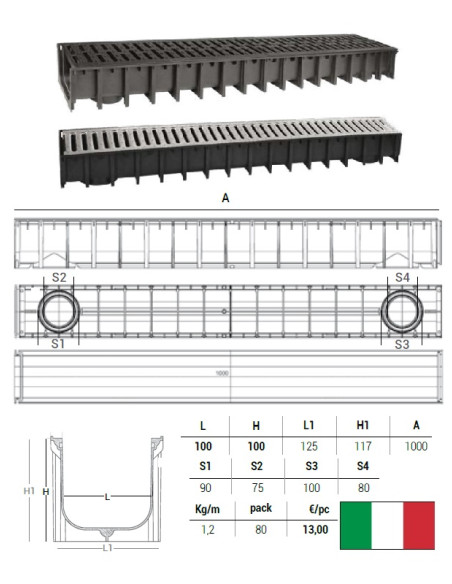 Лоток водоотводный 100x100,A-15, NER.TĒR