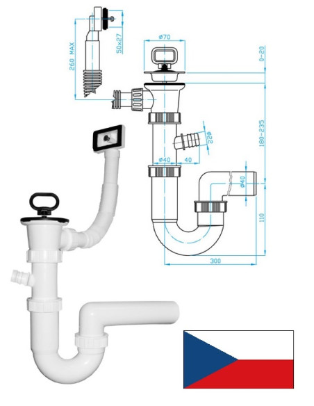 Syphon U-type+wash.machine+overflow, D70xDN40