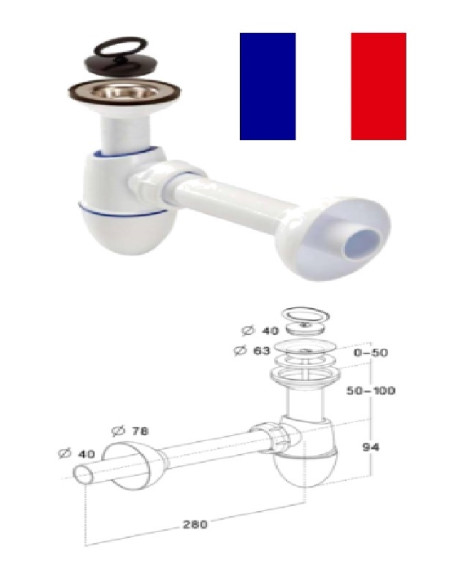 Syphon with waste, tube, plate 0202138, 11/4X40
