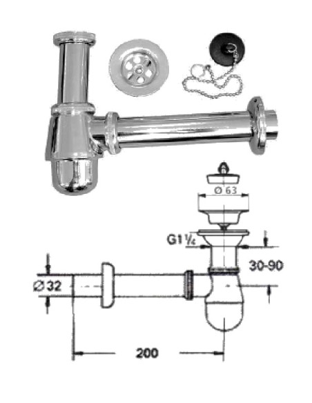 Syphon with waste, bidet 1.1/4x32x65 122, 1.1/4X32