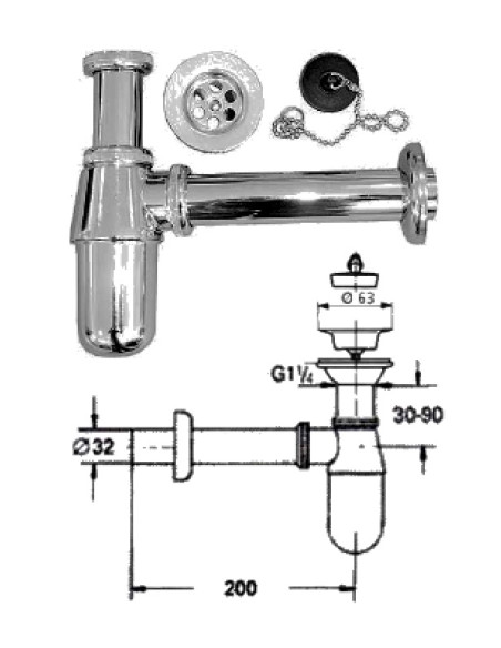 Syphon for sink with waste 11/4x32x65, 1.1/4X32